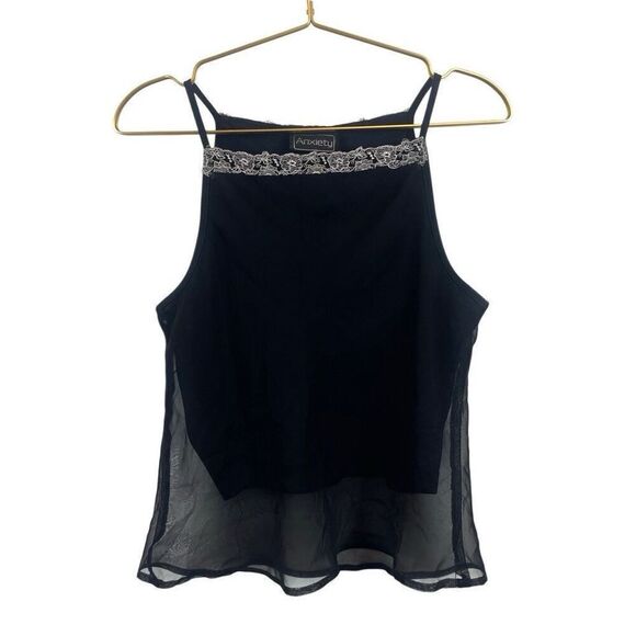 American Vintage Y2K Black Lace Tank Top Anxiety Layered Square Neck Size L - Picture 2 of 6